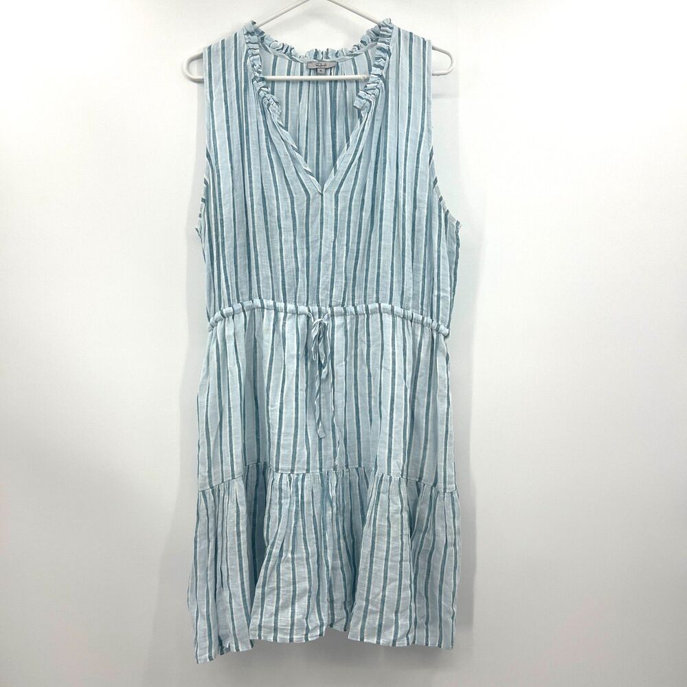 Rails Albany Dress XL Blue White Cambria Stripe Linen Tiered Sleeveless Boho
